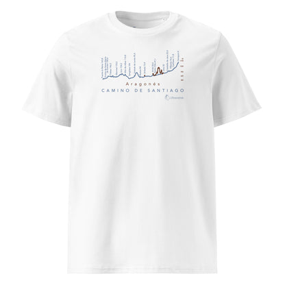 Camino Aragonés Gradient Unisex Organic Cotton T-shirt in white - front view featuring detailed route elevation map from Somport to Puente la Reina through the Pyrenees