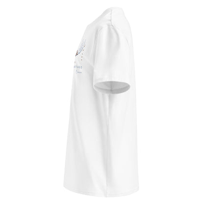 Camino Aragonés Gradient Unisex Organic Cotton T-shirt in white - left view featuring detailed route elevation map from Somport to Puente la Reina through the Pyrenees