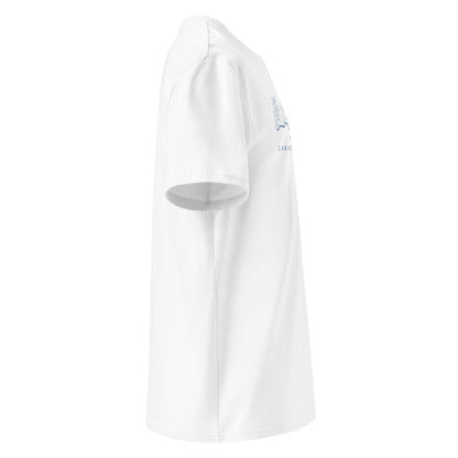 Camino Aragonés Gradient Unisex Organic Cotton T-shirt in white - right view featuring detailed route elevation map from Somport to Puente la Reina through the Pyrenees