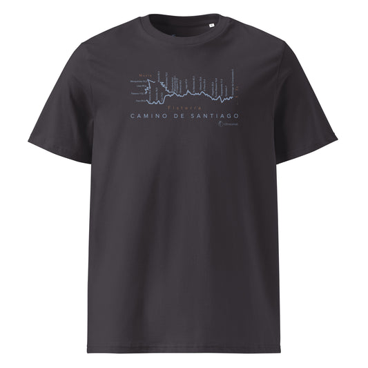 Camino de Fisterra Gradient Unisex Organic Cotton T-shirt in anthracite - front view showing route elevation map design from Santiago to Fisterra and Muxía