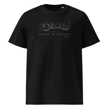 Camino de Fisterra Gradient Unisex Organic Cotton T-shirt in black - front view showing route elevation map design from Santiago to Fisterra and Muxía