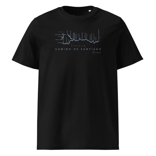Camino de Fisterra Gradient Unisex Organic Cotton T-shirt in black - front view showing route elevation map design from Santiago to Fisterra and Muxía