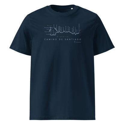 Camino de Fisterra Gradient Unisex Organic Cotton T-shirt in french navy - front view showing route elevation map design from Santiago to Fisterra and Muxía