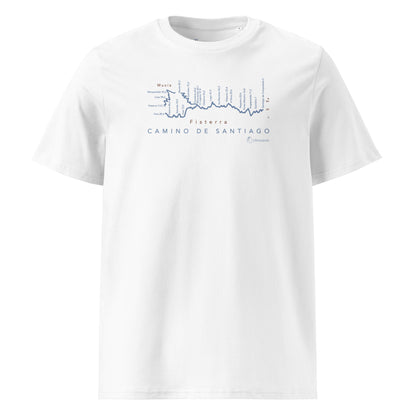 Camino de Fisterra Gradient Unisex Organic Cotton T-shirt in white - front view showing route elevation map design from Santiago to Fisterra and Muxía