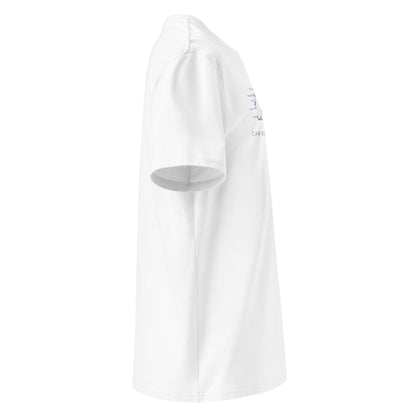 Camino de Fisterra Gradient Unisex Organic Cotton T-shirt in white - right view showing route elevation map design from Santiago to Fisterra and Muxía