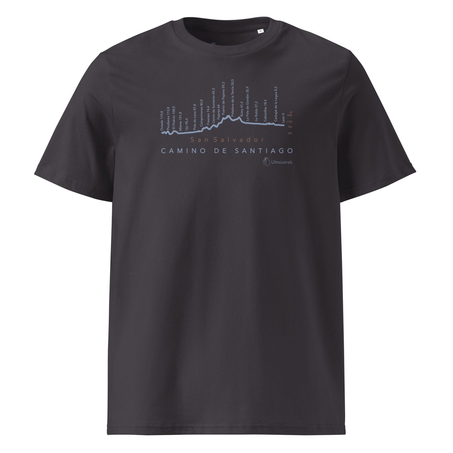 Camino de San Salvador Gradient Unisex Organic Cotton T-shirt in anthracite - front view featuring the sacred route from León to Oviedo with elevation profile