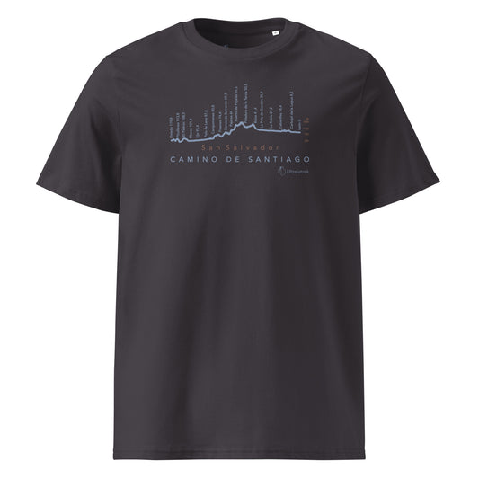 Camino de San Salvador Gradient Unisex Organic Cotton T-shirt in anthracite - front view featuring the sacred route from León to Oviedo with elevation profile