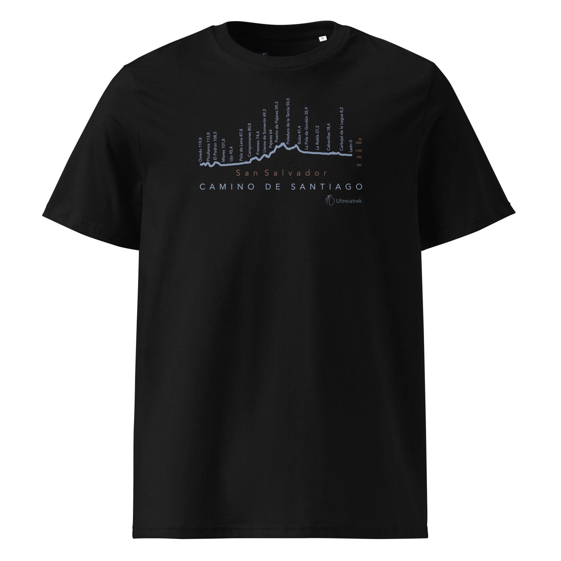 Camino de San Salvador Gradient Unisex Organic Cotton T-shirt in black - front view featuring the sacred route from León to Oviedo with elevation profile