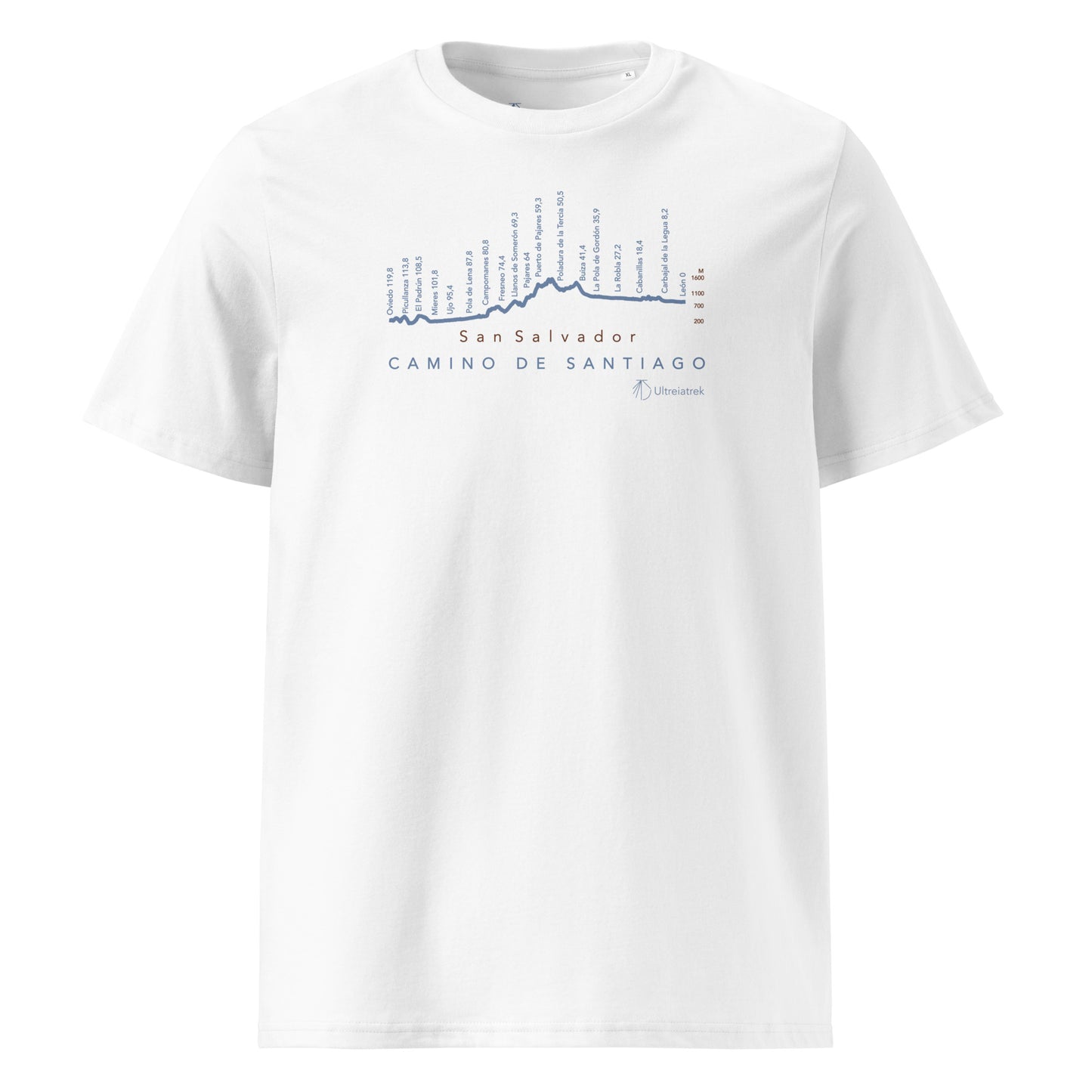 Camino de San Salvador Gradient Unisex Organic Cotton T-shirt in white - front view featuring the sacred route from León to Oviedo with elevation profile