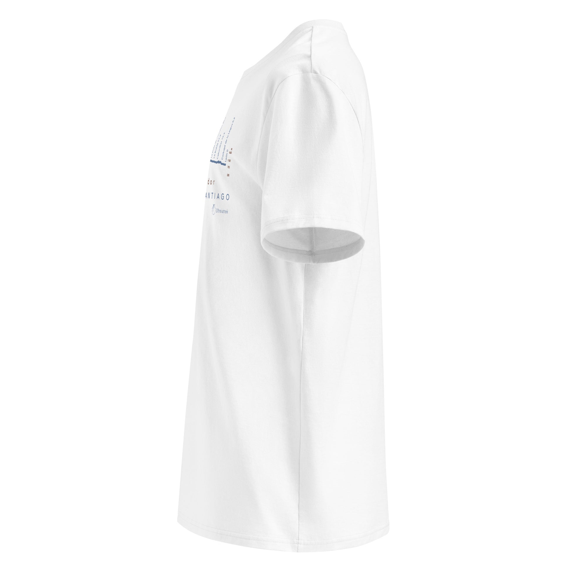 Unisex Organic Cotton T-shirt in white - left view featuring the sacred route from León to Oviedo with elevation profile
