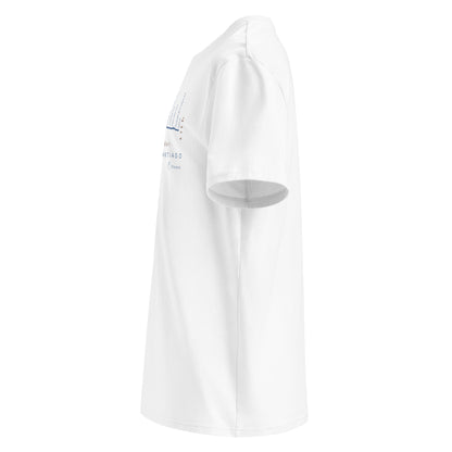 Unisex Organic Cotton T-shirt in white - left view featuring the sacred route from León to Oviedo with elevation profile