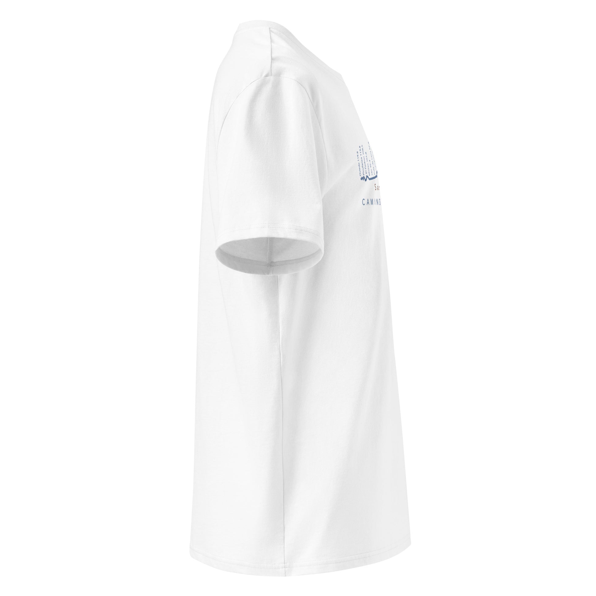 Unisex Organic Cotton T-shirt in white - right view featuring the sacred route from León to Oviedo with elevation profile