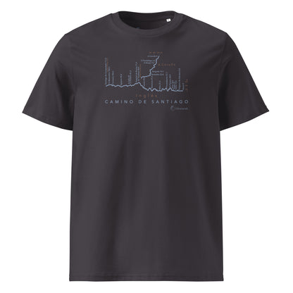 Camino Inglés route map unisex t-shirt in anthracite - front view showing elevation profile and distance markers from Ferrol and A Coruña to Santiago