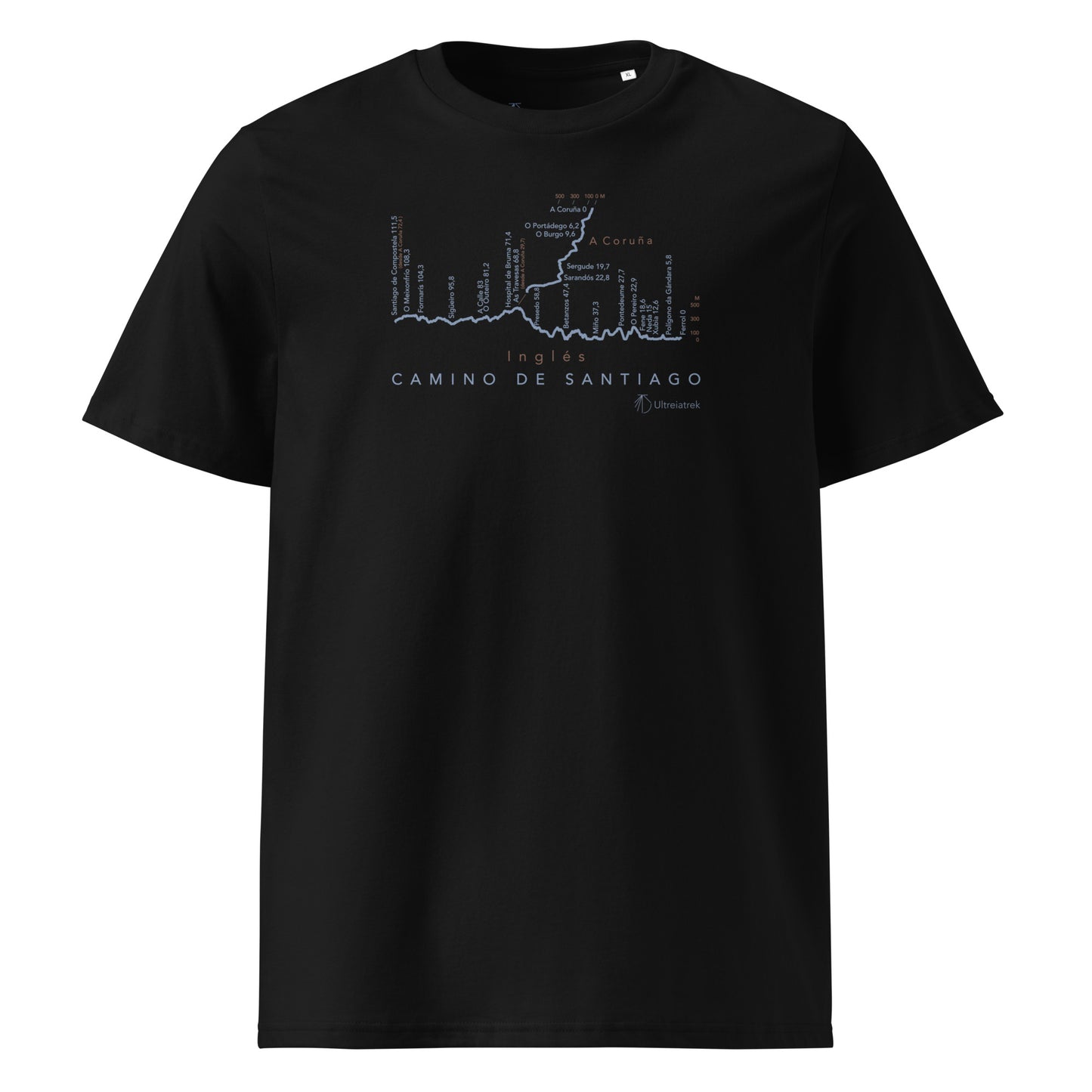 Camino Inglés route map unisex t-shirt in black - front view showing elevation profile and distance markers from Ferrol and A Coruña to Santiago
