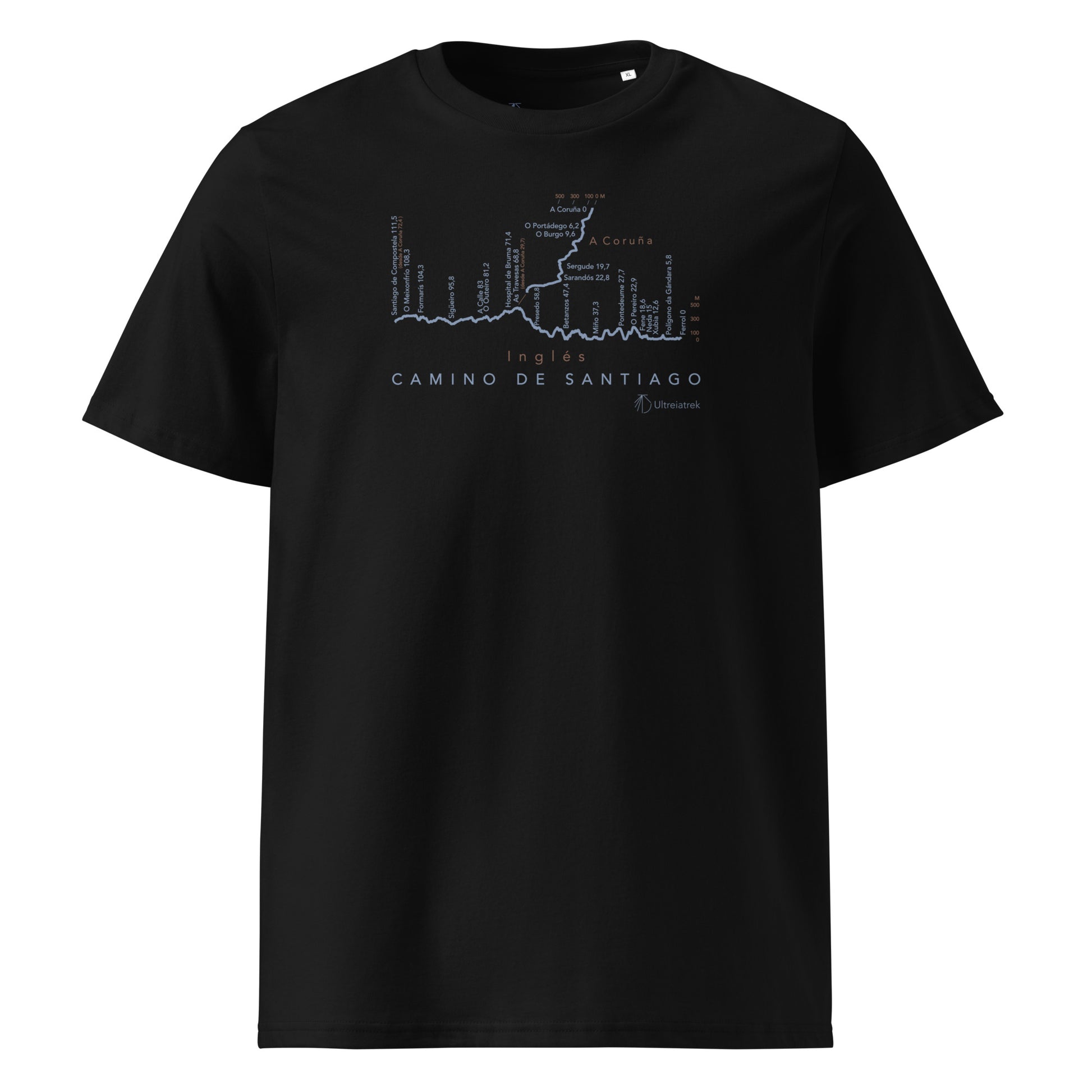 Camino Inglés route map unisex t-shirt in black - front view showing elevation profile and distance markers from Ferrol and A Coruña to Santiago