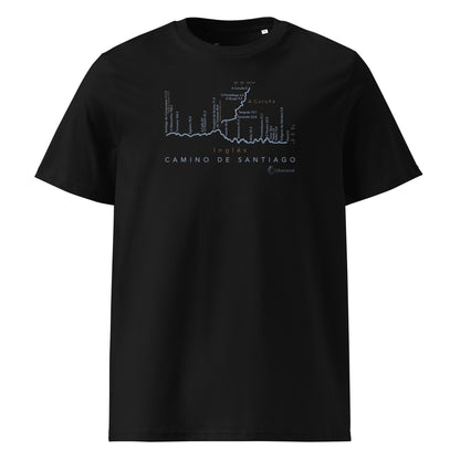 Camino Inglés route map unisex t-shirt in black - front view showing elevation profile and distance markers from Ferrol and A Coruña to Santiago