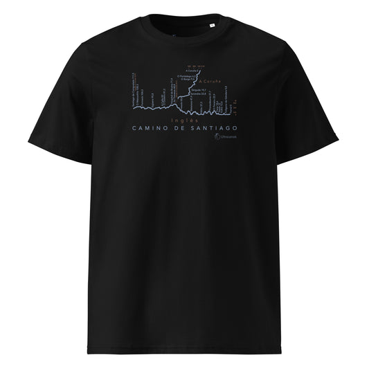 Camino Inglés route map unisex t-shirt in black - front view showing elevation profile and distance markers from Ferrol and A Coruña to Santiago