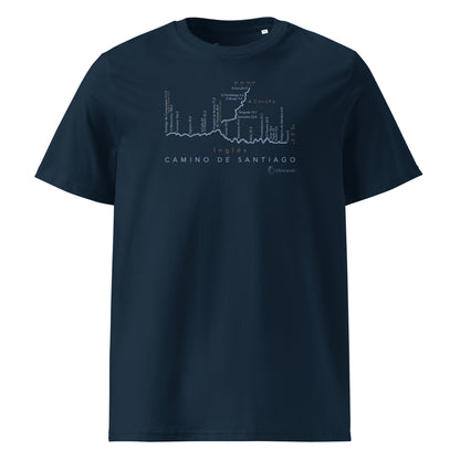 Camino Inglés route map unisex t-shirt in french navy - front view showing elevation profile and distance markers from Ferrol and A Coruña to Santiago
