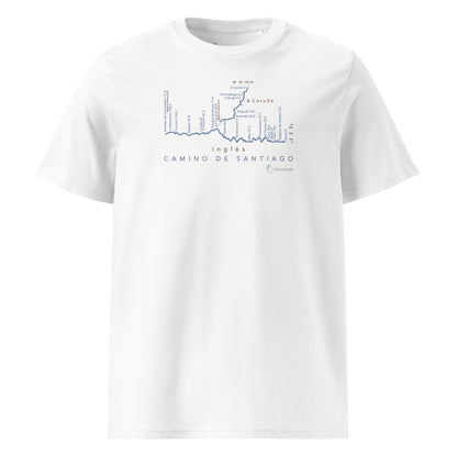 Camino Inglés route map unisex t-shirt in white - front view showing elevation profile and distance markers from Ferrol and A Coruña to Santiago
