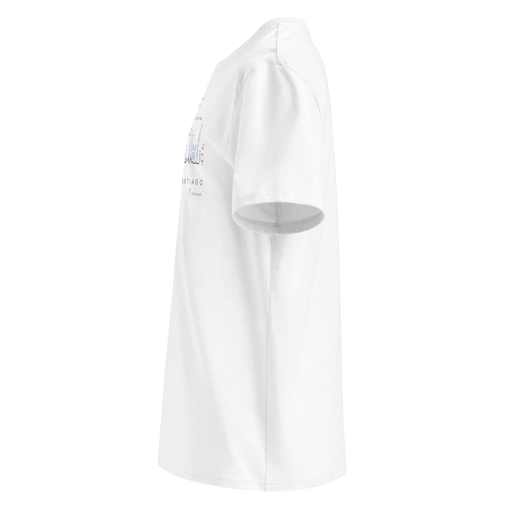 Camino Inglés route map unisex t-shirt in white - left view showing elevation profile and distance markers from Ferrol and A Coruña to Santiago