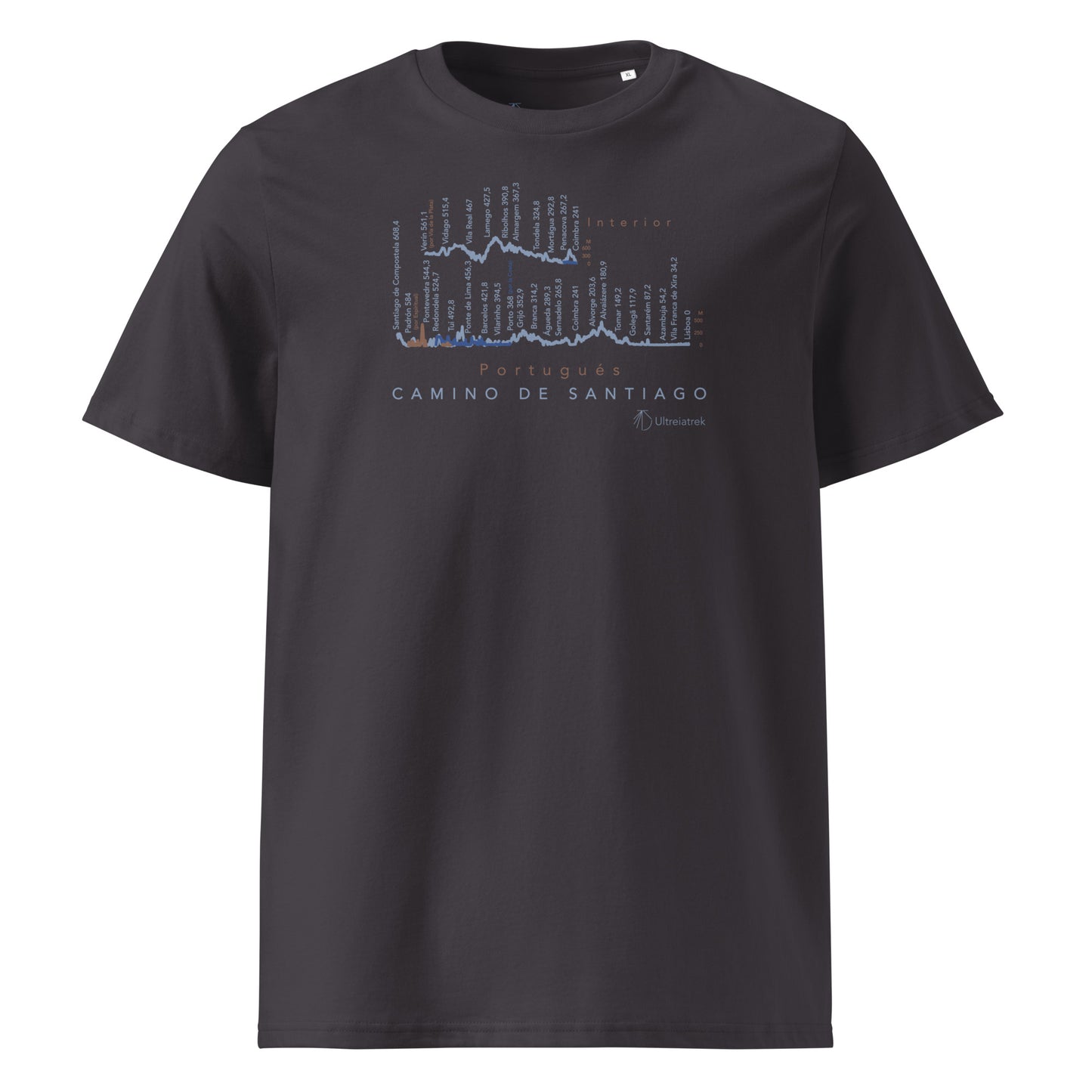 Camino Portugués route map t-shirt showing Coastal, Interior and Central variants with elevation profiles. Color anthracite front view. 