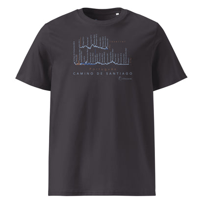 Camino Portugués route map t-shirt showing Coastal, Interior and Central variants with elevation profiles. Color anthracite front view. 