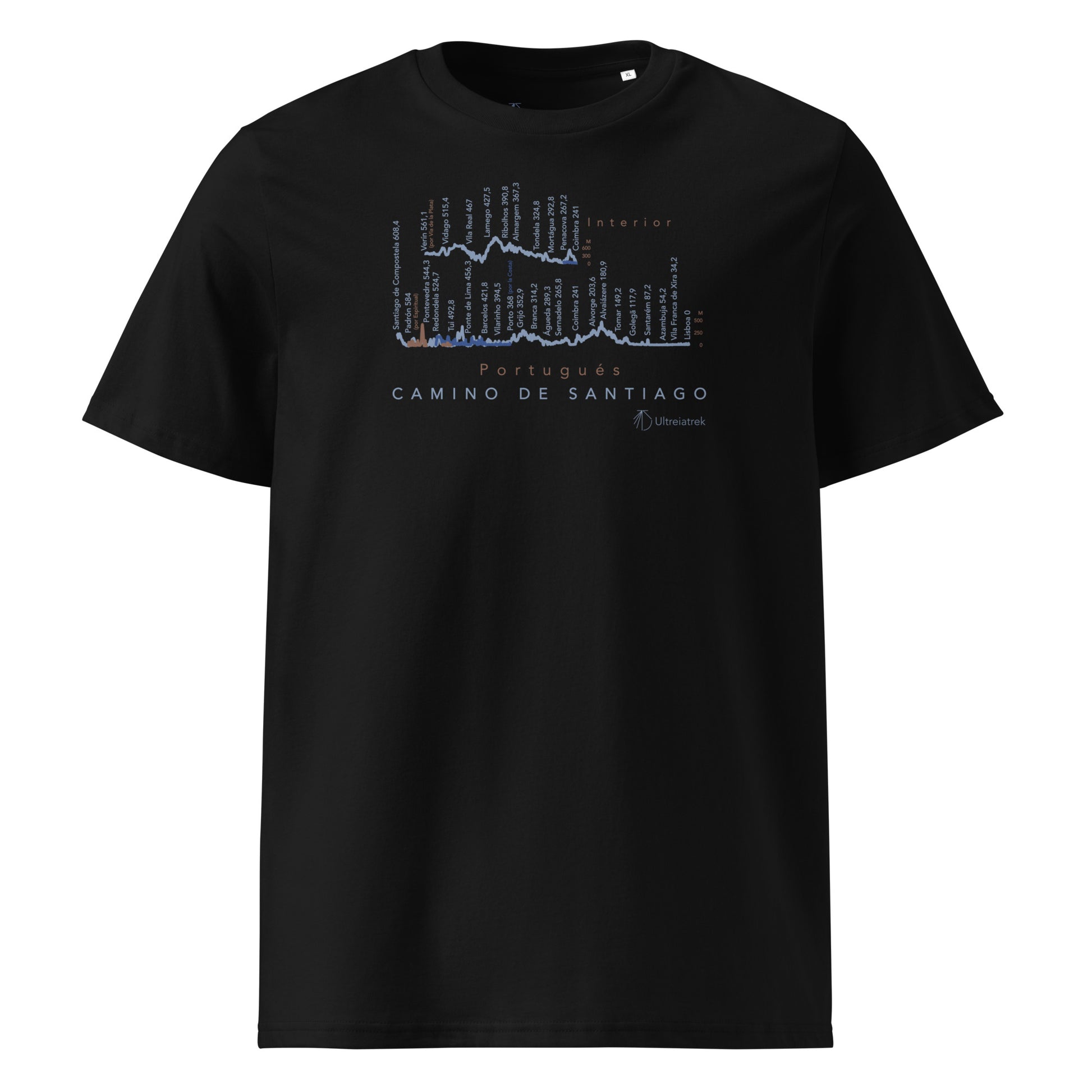 Camino Portugués route map t-shirt showing Coastal, Interior and Central variants with elevation profiles. Color black front view. 