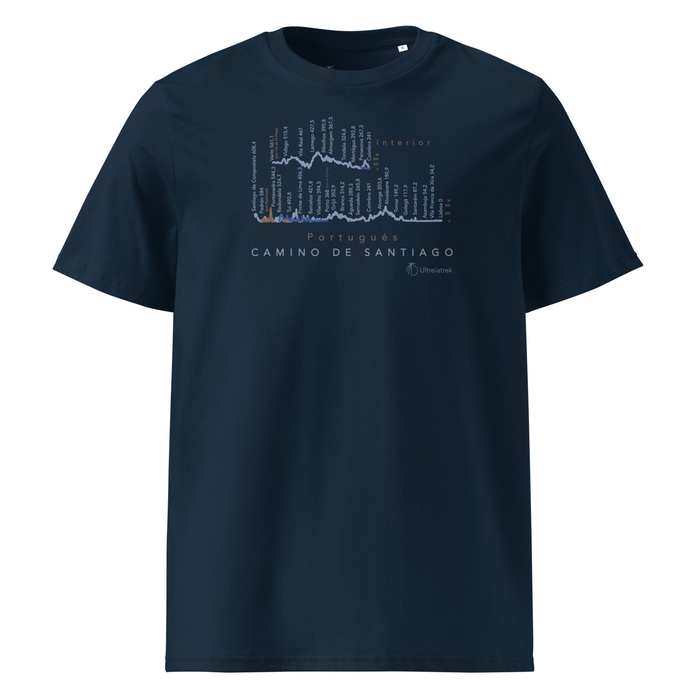 Camino Portugués route map t-shirt showing Coastal, Interior and Central variants with elevation profiles. Color french navy front view. 