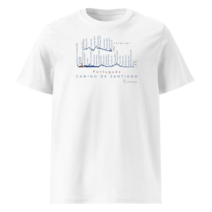 Camino Portugués route map t-shirt showing Coastal, Interior and Central variants with elevation profiles. Color white front view. 