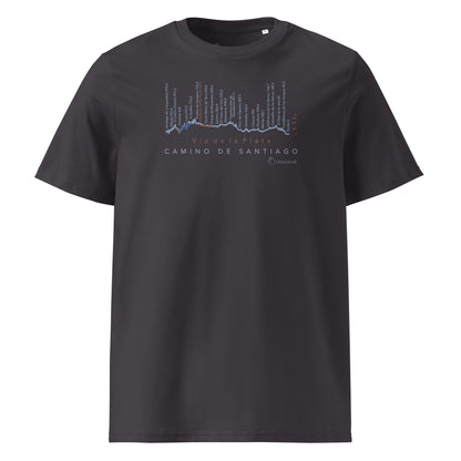 Vía de la Plata Camino route map t-shirt in anthracite showing elevation profile from Seville to Santiago de Compostela front view