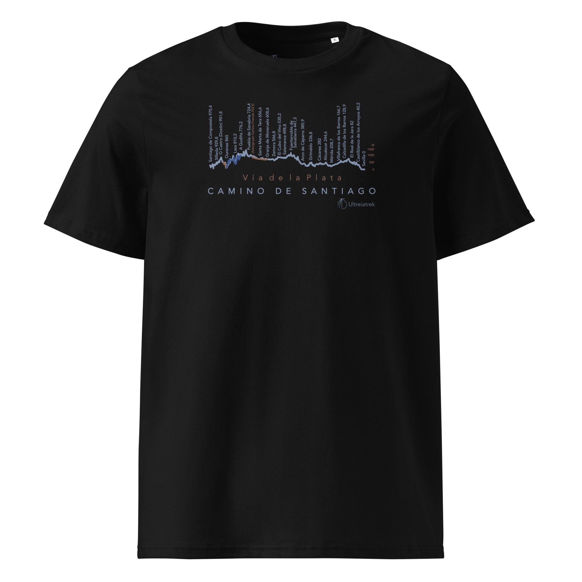 Vía de la Plata Camino route map t-shirt in black showing elevation profile from Seville to Santiago de Compostela front view