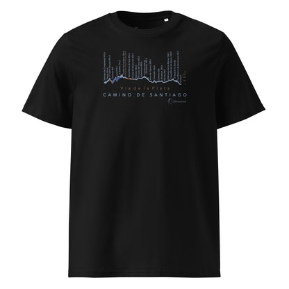 Vía de la Plata Camino route map t-shirt in black showing elevation profile from Seville to Santiago de Compostela front view