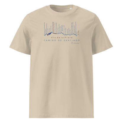 Vía de la Plata Camino route map t-shirt in desert dust showing elevation profile from Seville to Santiago de Compostela front view