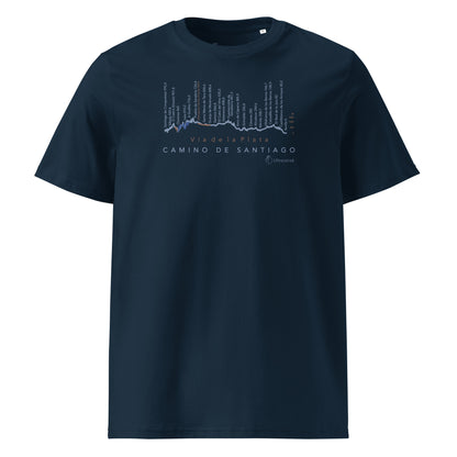 Vía de la Plata Camino route map t-shirt in french navy showing elevation profile from Seville to Santiago de Compostela front view