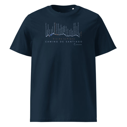 Vía de la Plata Camino route map t-shirt in french navy showing elevation profile from Seville to Santiago de Compostela front view