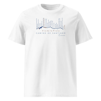 Vía de la Plata Camino route map t-shirt in white showing elevation profile from Seville to Santiago de Compostela front view