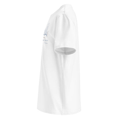 Vía de la Plata Camino route map t-shirt in white showing elevation profile from Seville to Santiago de Compostela left view